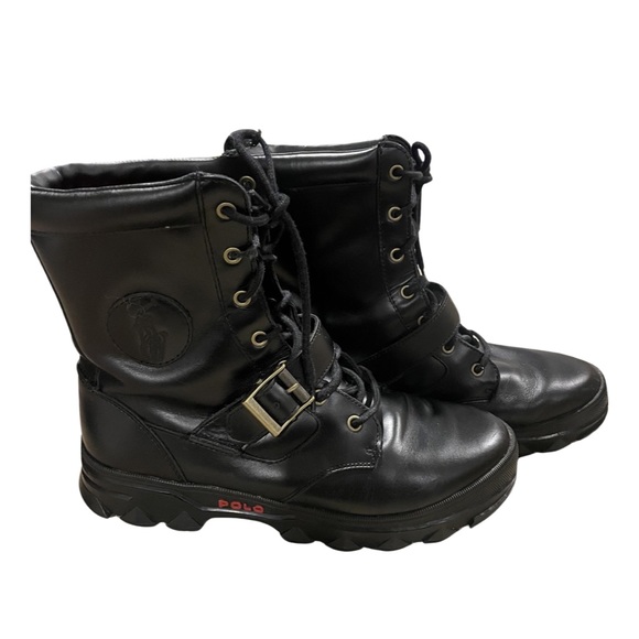 Polo Ralph Lauren Men's Black Buckle Strap Sherpa Lined Moto Leather Boots US10D - Picture 1 of 6